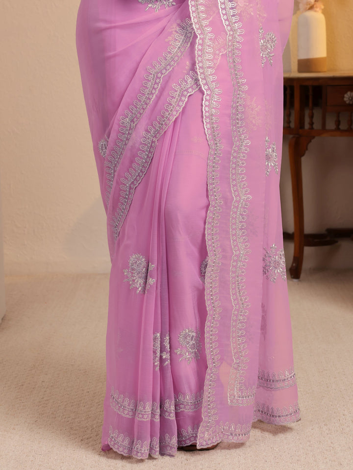 Libas Periwinkle Pink Floral Embellished Chiffon Saree