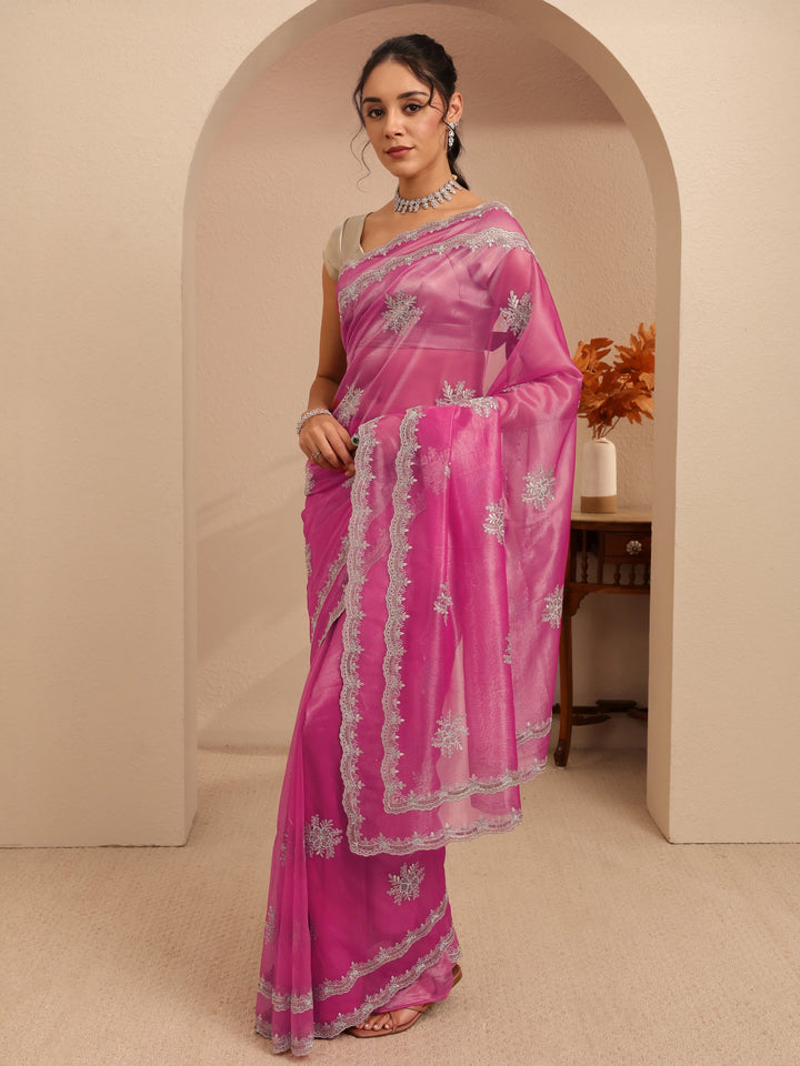 Libas French Pink Floral Embellished Net Saree
