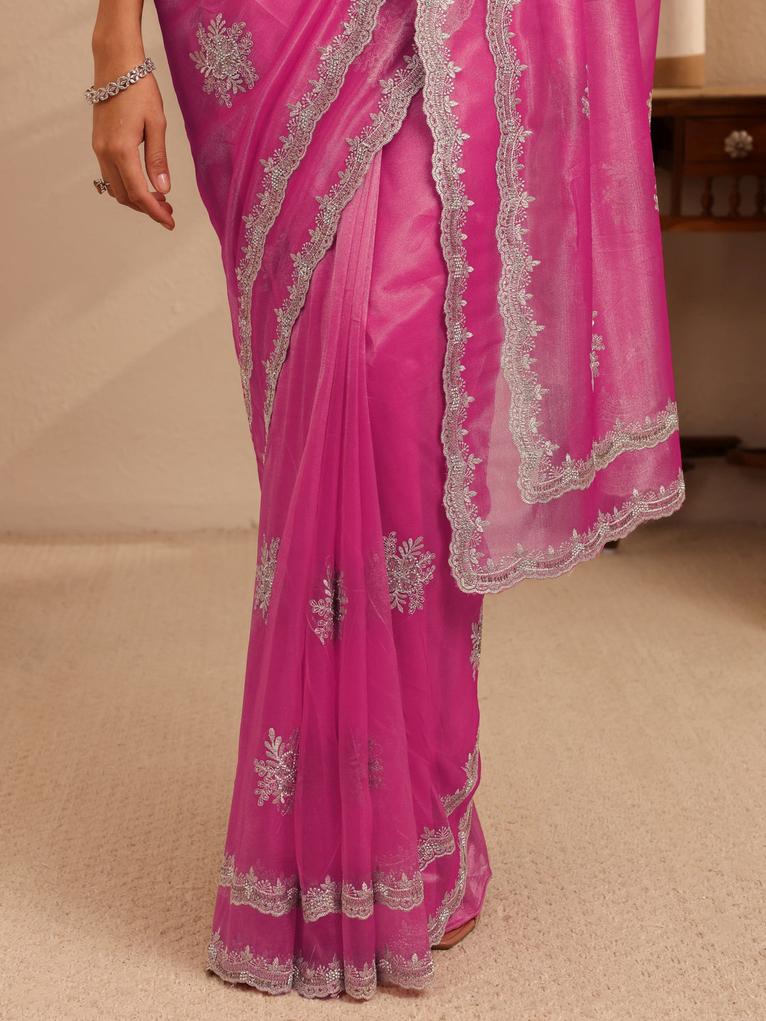 Libas French Pink Floral Embellished Net Saree