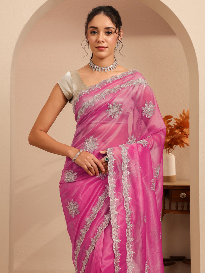 Libas French Pink Floral Embellished Net Saree