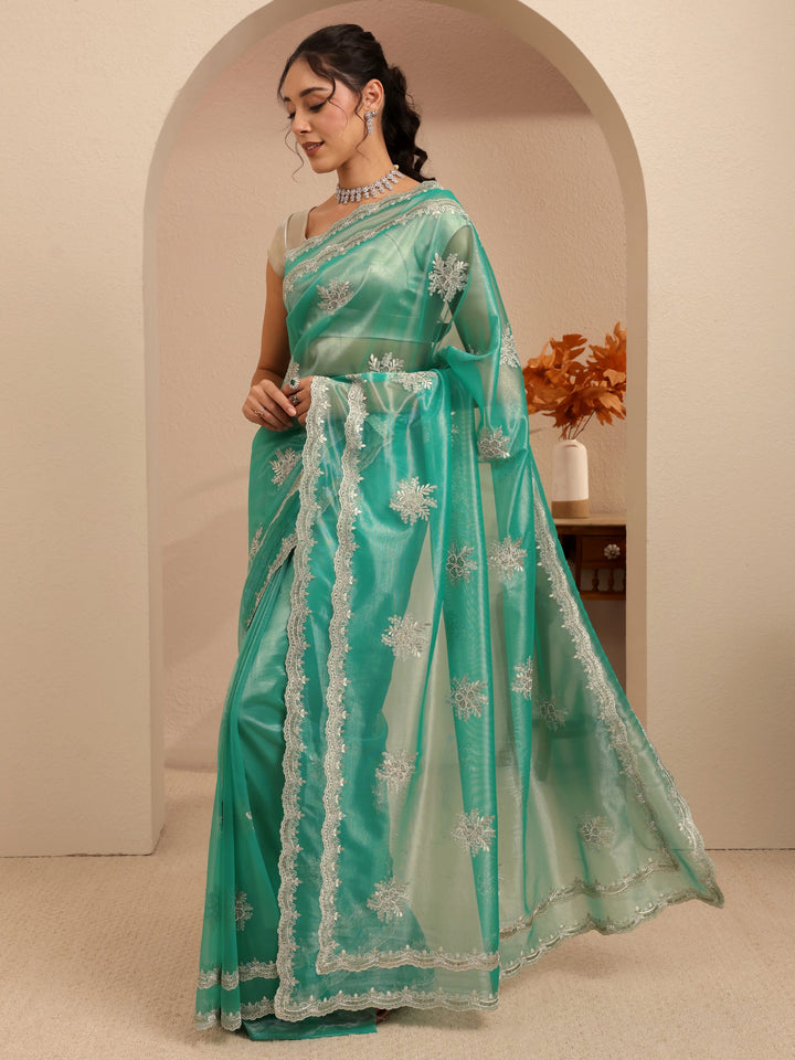 Libas Seafoam Green Floral Embellished Net Saree