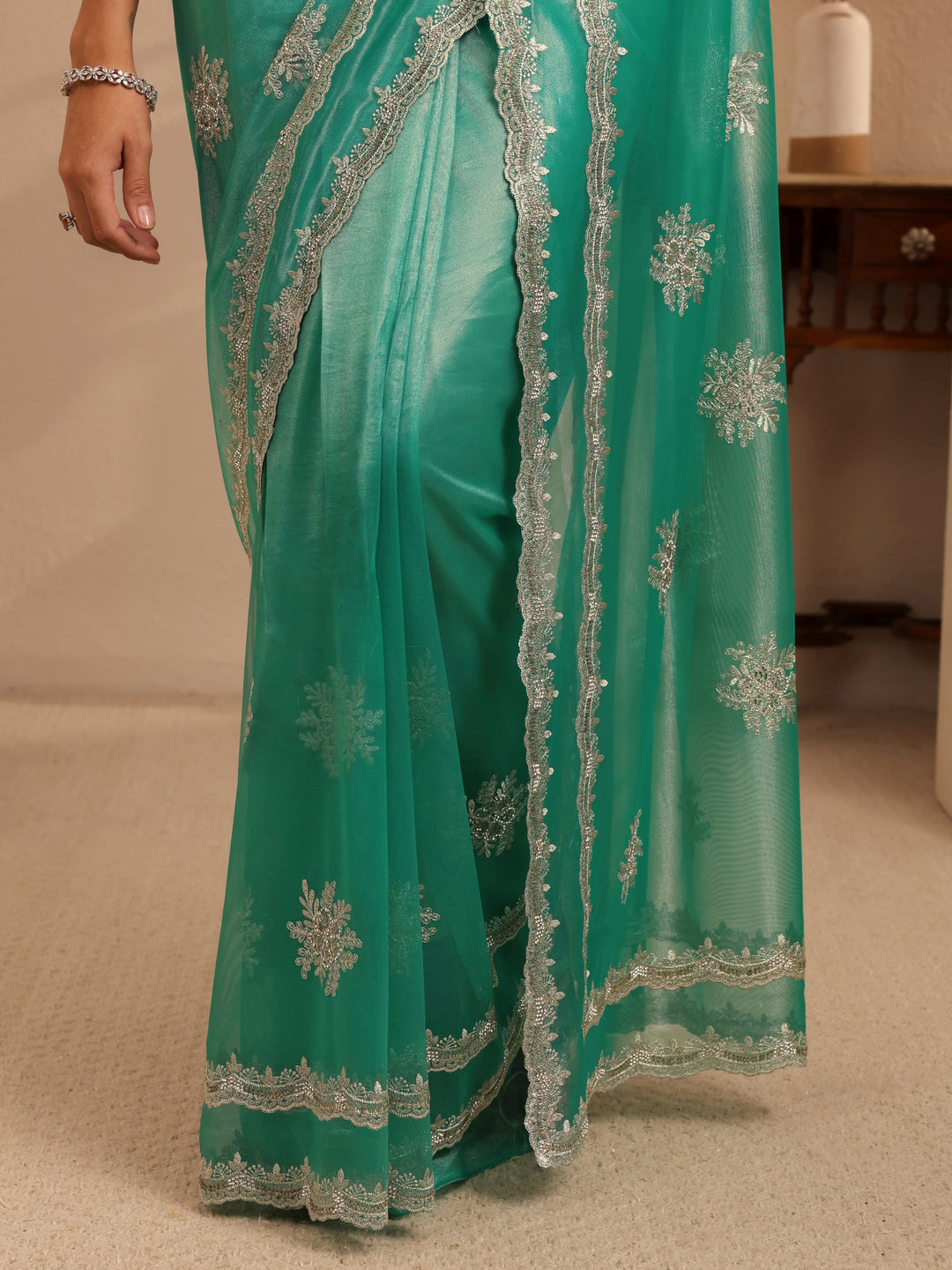 Libas Seafoam Green Floral Embellished Net Saree