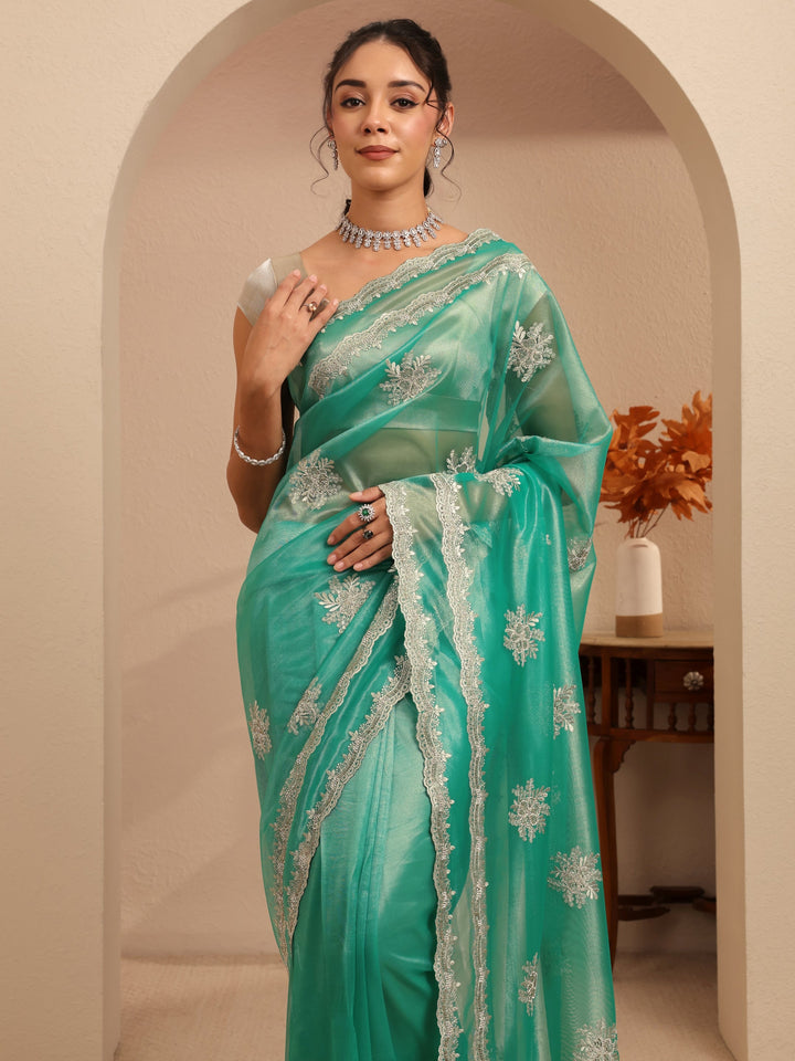 Libas Seafoam Green Floral Embellished Net Saree