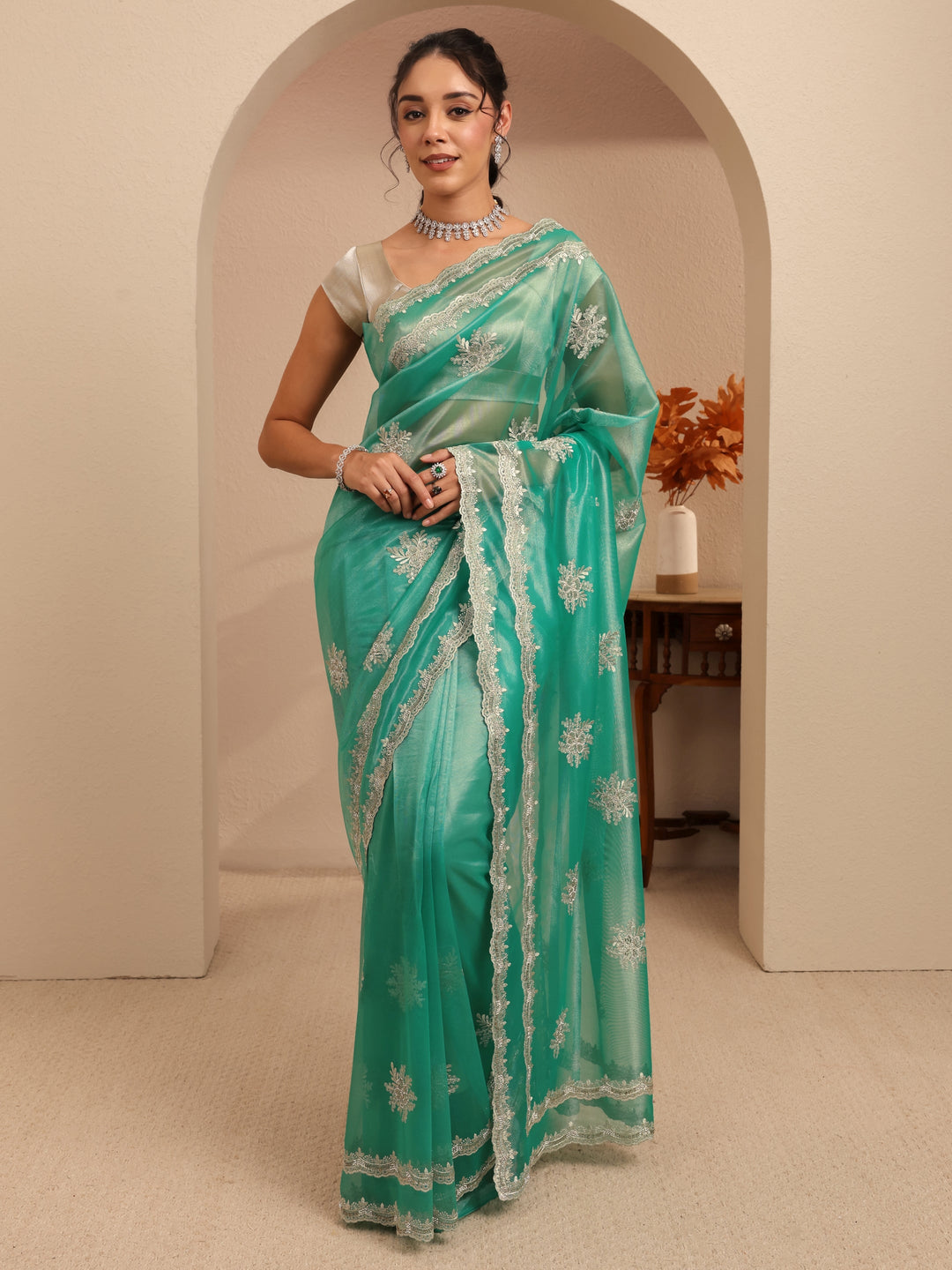 Libas Seafoam Green Floral Embellished Net Saree