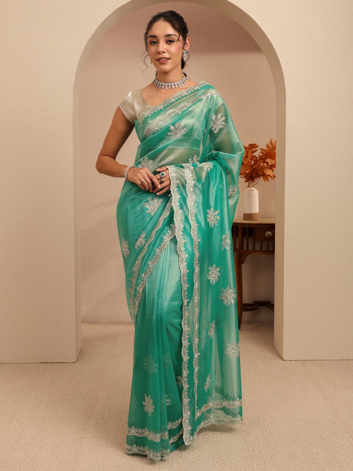 Libas Seafoam Green Floral Embellished Net Saree