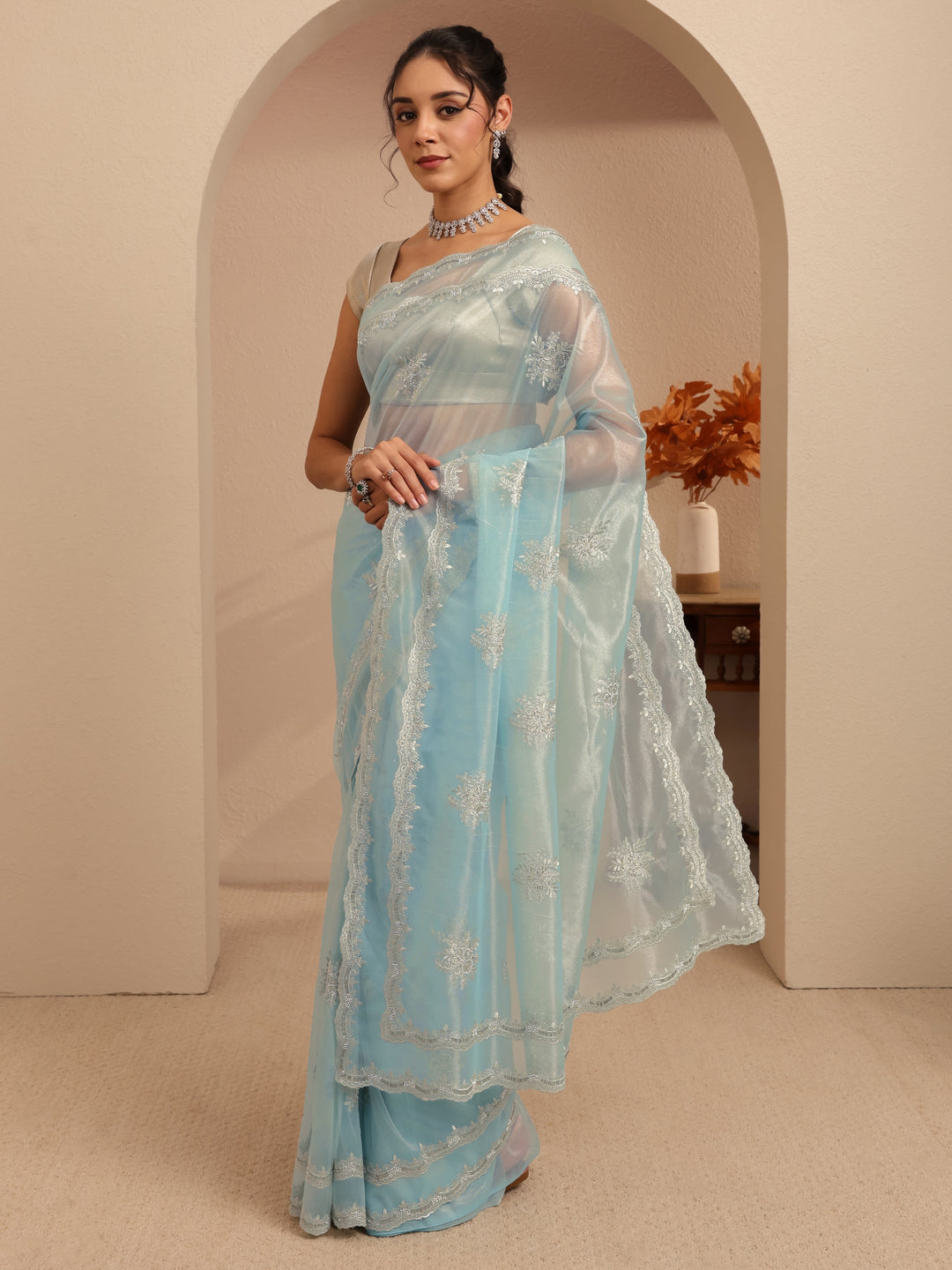 Libas Powder Blue Floral Embellished Net Saree