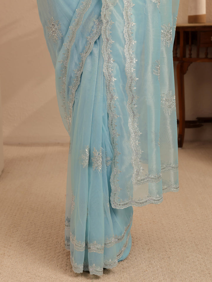 Libas Powder Blue Floral Embellished Net Saree