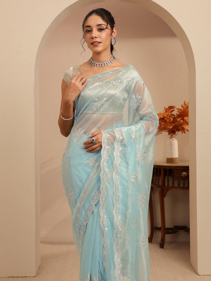 Libas Powder Blue Floral Embellished Net Saree