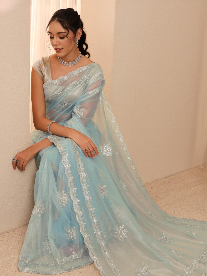 Libas Powder Blue Floral Embellished Net Saree