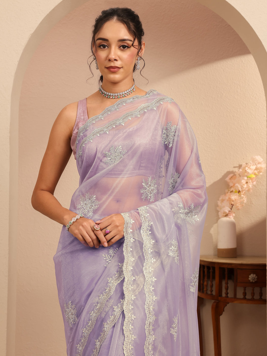 Libas Lavender Floral Embellished Net Saree