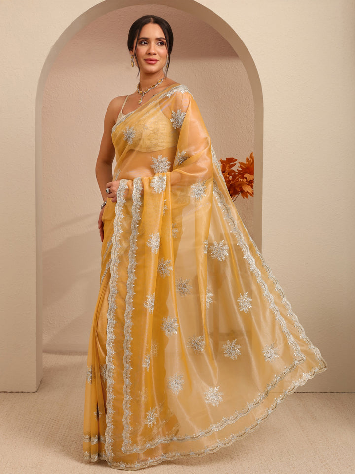 Libas Buttercup Yellow Floral Embellished Net Saree