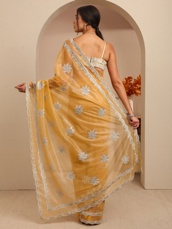 Libas Buttercup Yellow Floral Embellished Net Saree