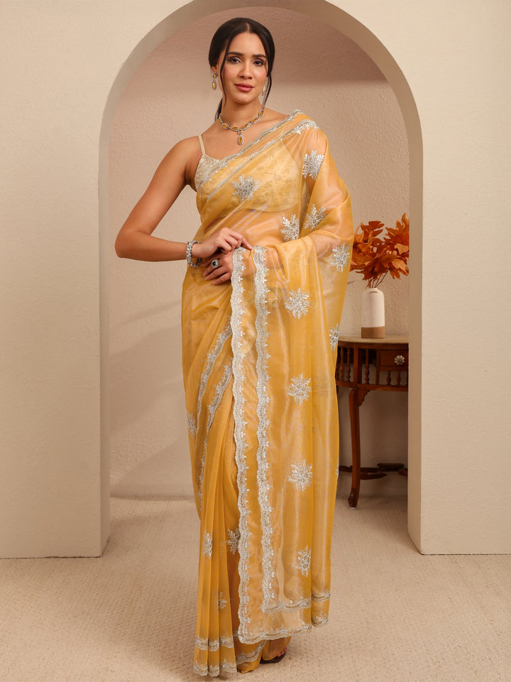 Libas Buttercup Yellow Floral Embellished Net Saree