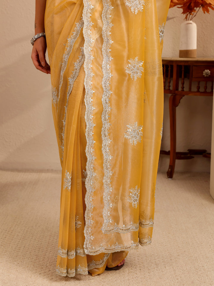 Libas Buttercup Yellow Floral Embellished Net Saree