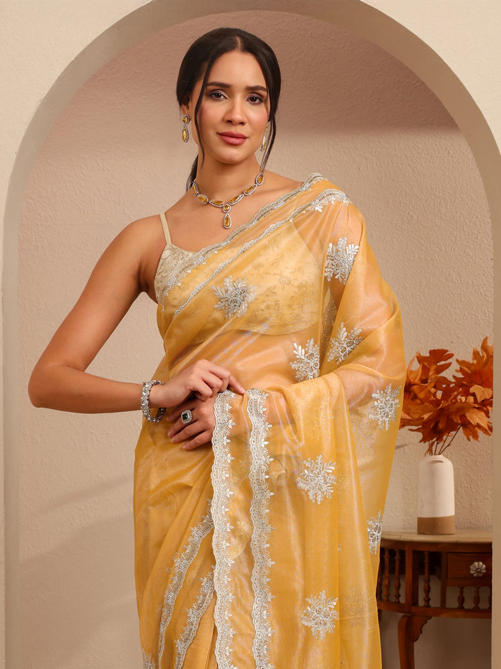 Libas Buttercup Yellow Floral Embellished Net Saree