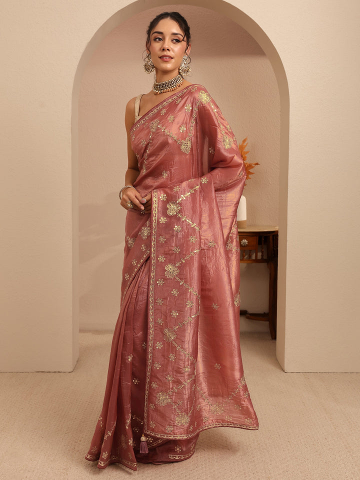 Libas Auburn Brown Floral Embellished Tissue Saree