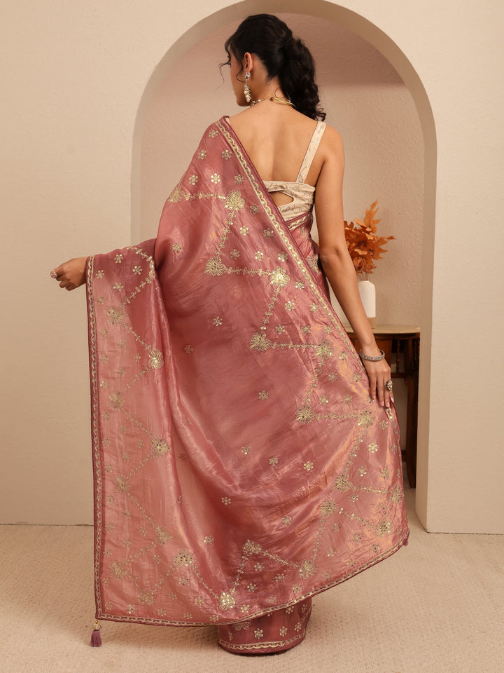 Libas Auburn Brown Floral Embellished Tissue Saree