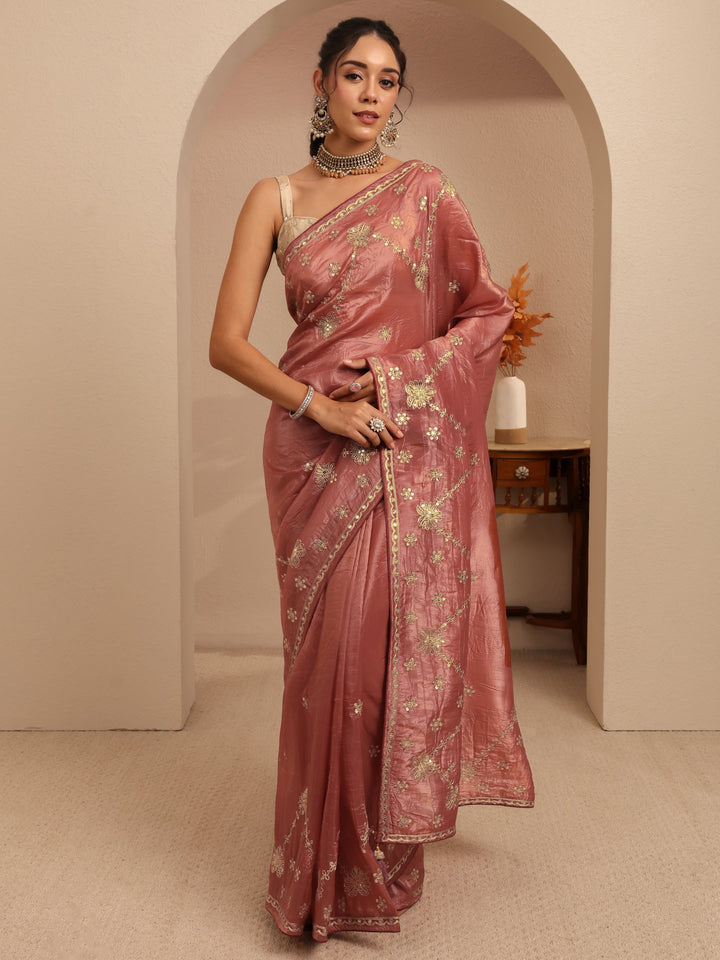 Libas Auburn Brown Floral Embellished Tissue Saree