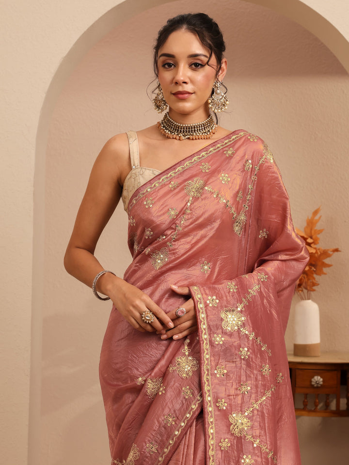Libas Auburn Brown Floral Embellished Tissue Saree