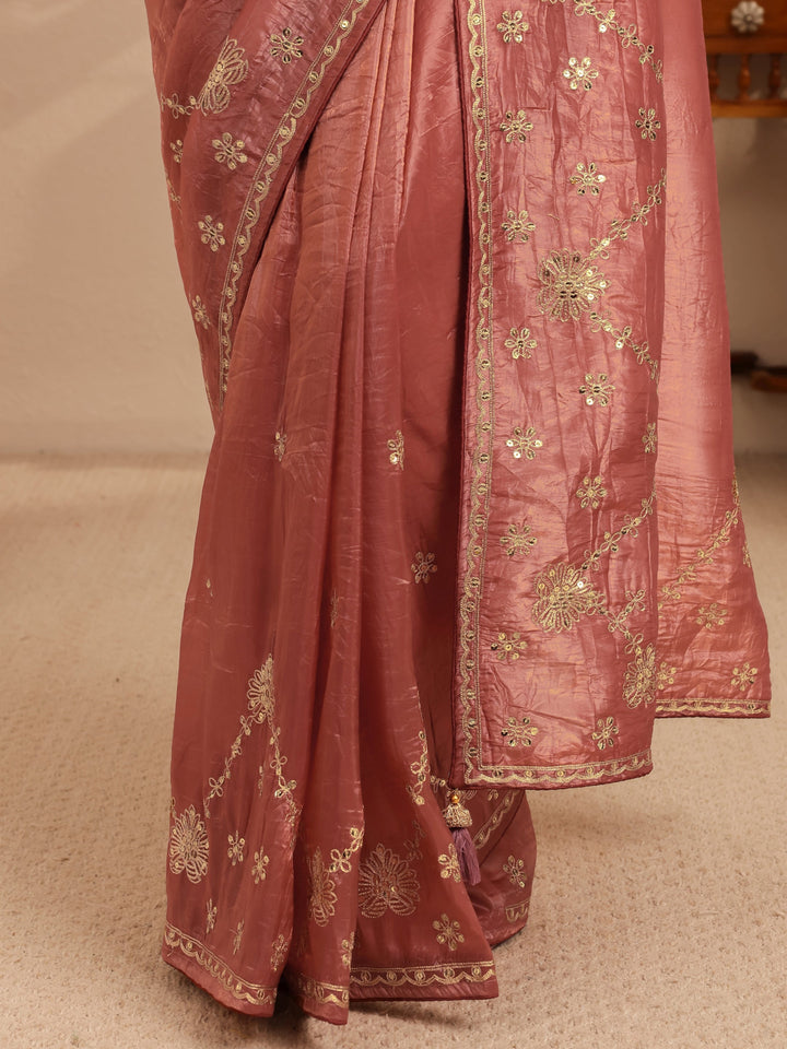 Libas Auburn Brown Floral Embellished Tissue Saree