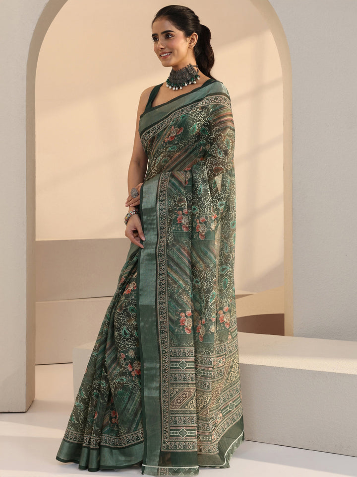 Libas Green Paisley Printed cotton blend Saree