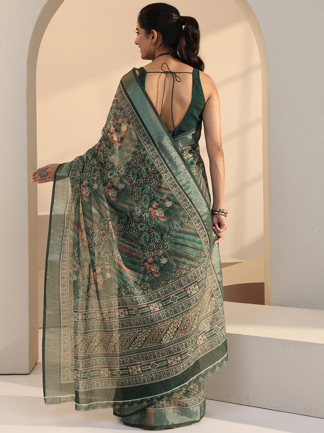 Libas Green Paisley Printed cotton blend Saree