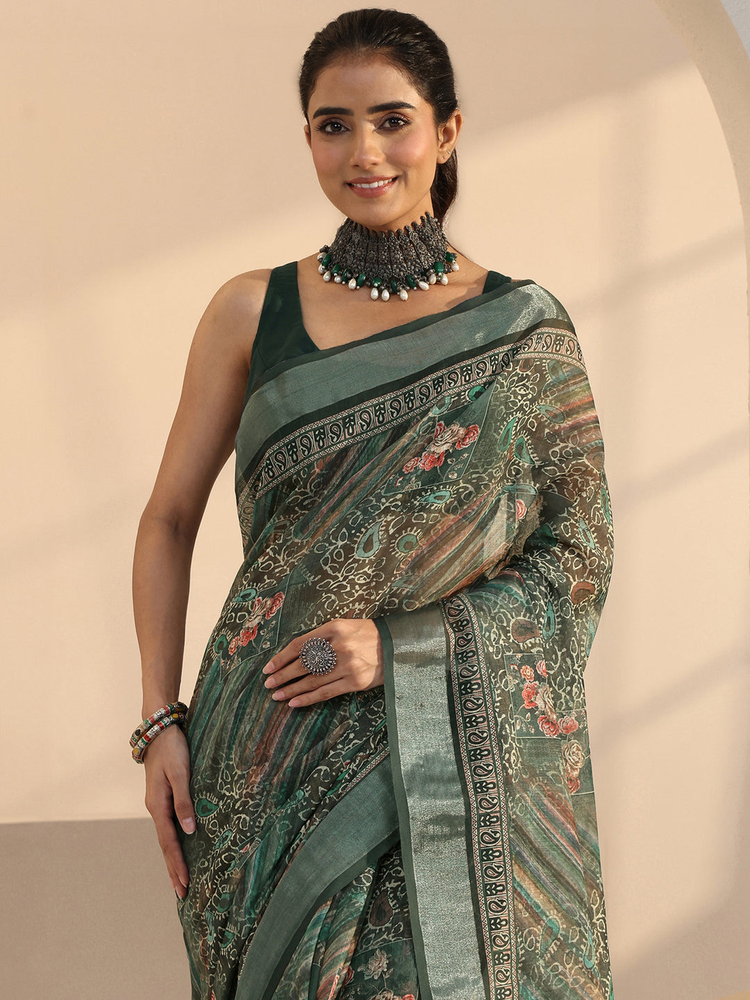 Libas Green Paisley Printed cotton blend Saree