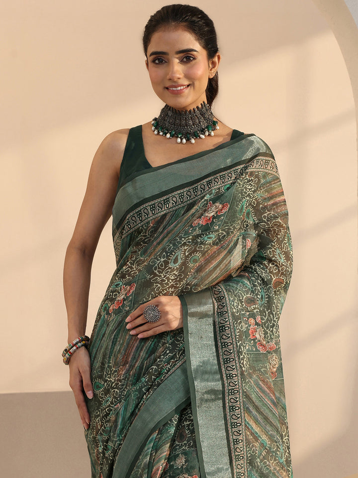 Libas Green Paisley Printed cotton blend Saree