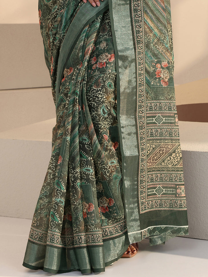 Libas Green Paisley Printed cotton blend Saree