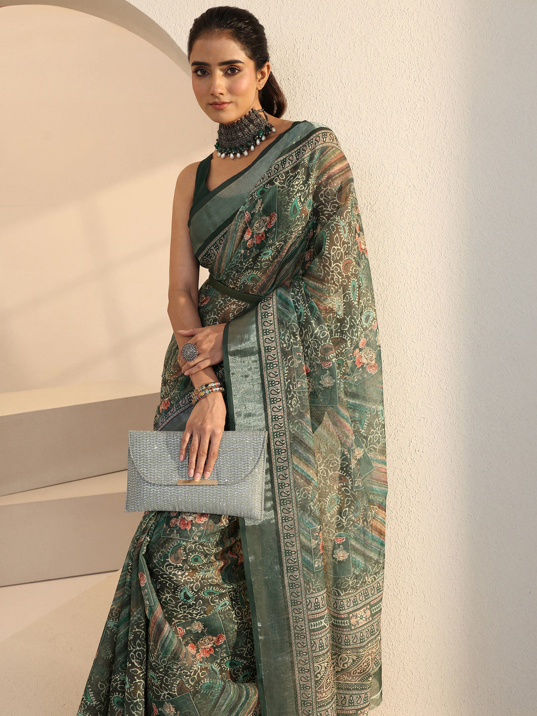 Libas Green Paisley Printed cotton blend Saree