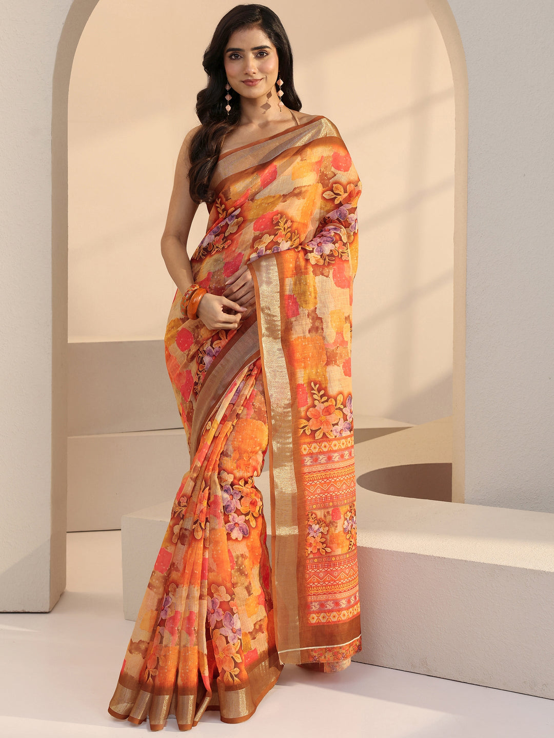 Libas Orange Floral Printed cotton blend Saree