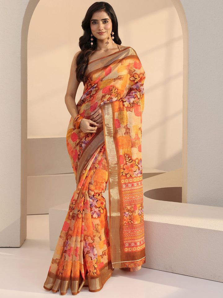 Libas Orange Floral Printed cotton blend Saree