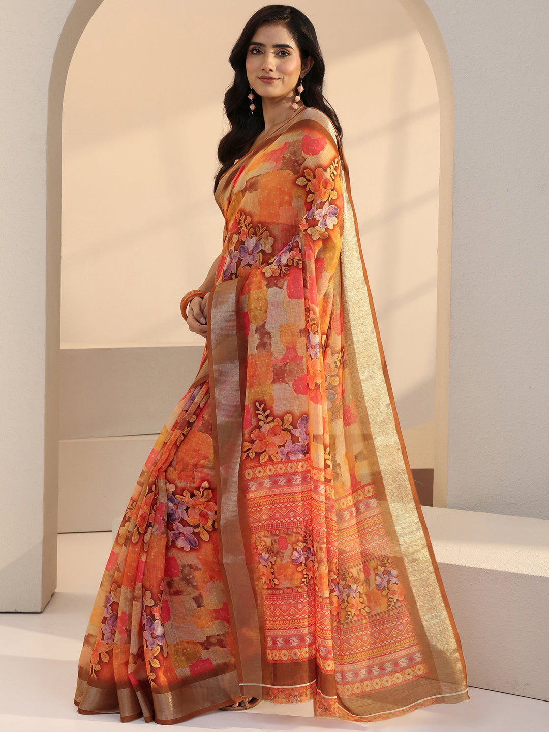 Libas Orange Floral Printed cotton blend Saree