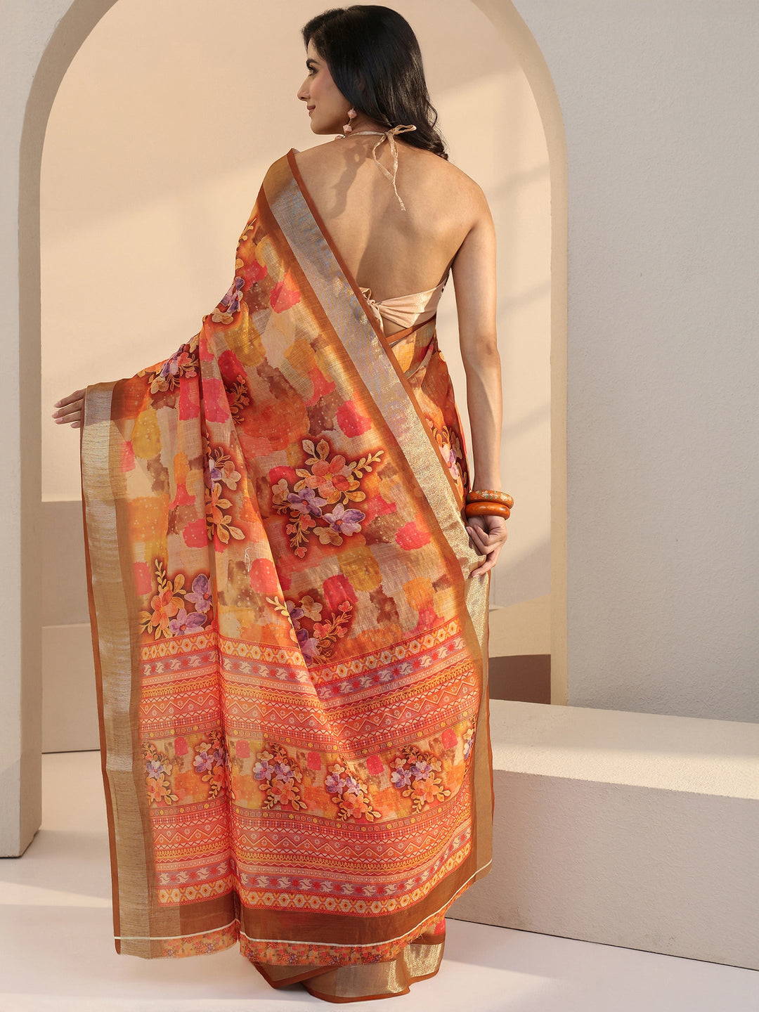 Libas Orange Floral Printed cotton blend Saree
