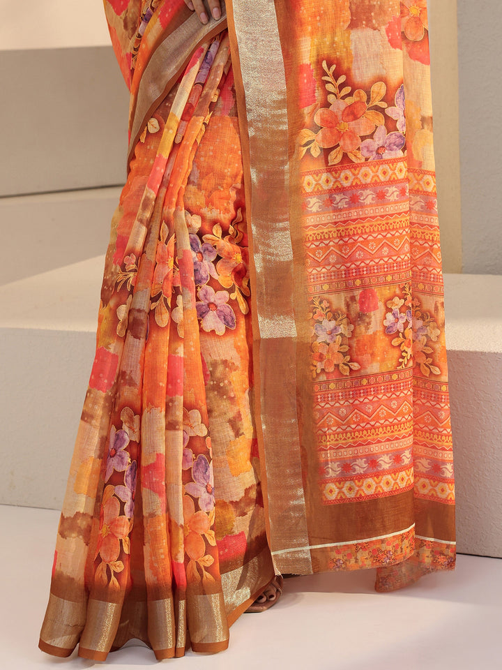 Libas Orange Floral Printed cotton blend Saree