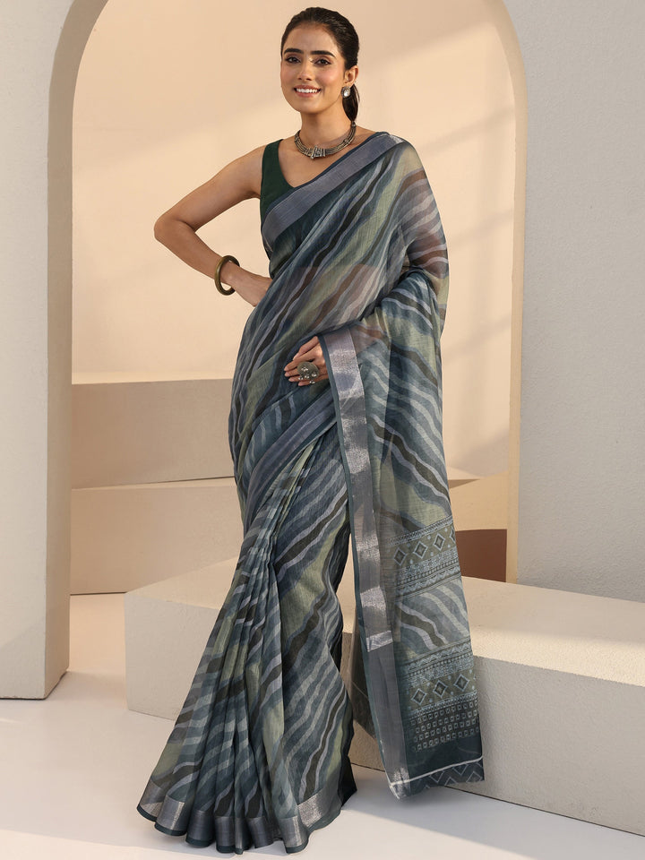 Libas Grey Wavy Print Cotton Blend Saree