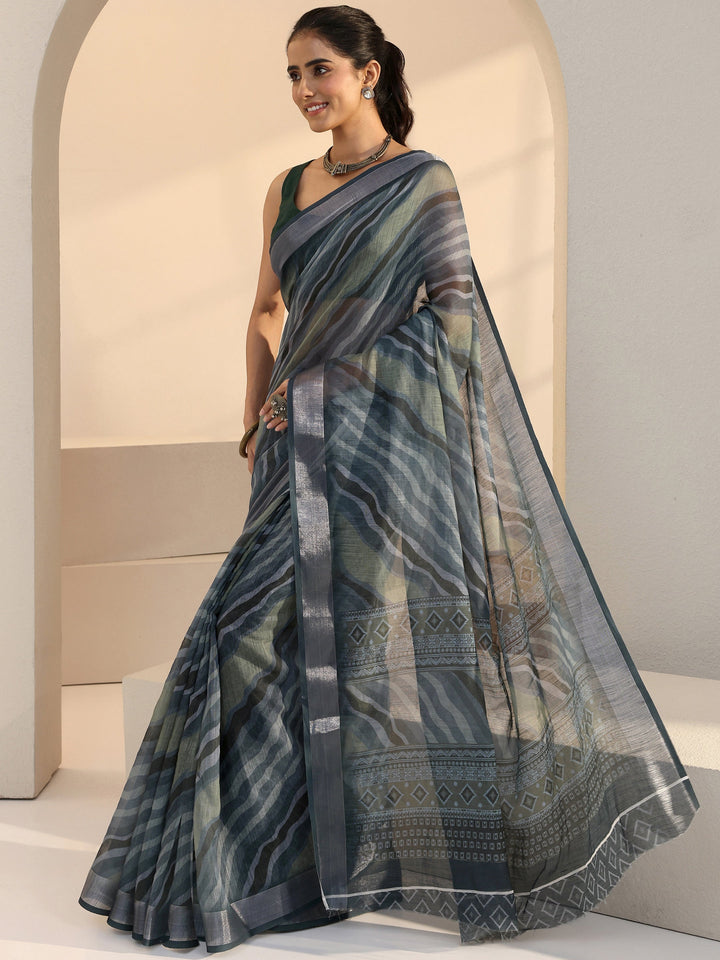 Libas Grey Wavy Print Cotton Blend Saree