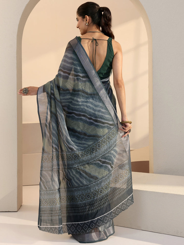 Libas Grey Wavy Print Cotton Blend Saree