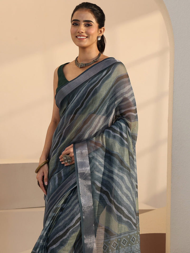 Libas Grey Wavy Print Cotton Blend Saree