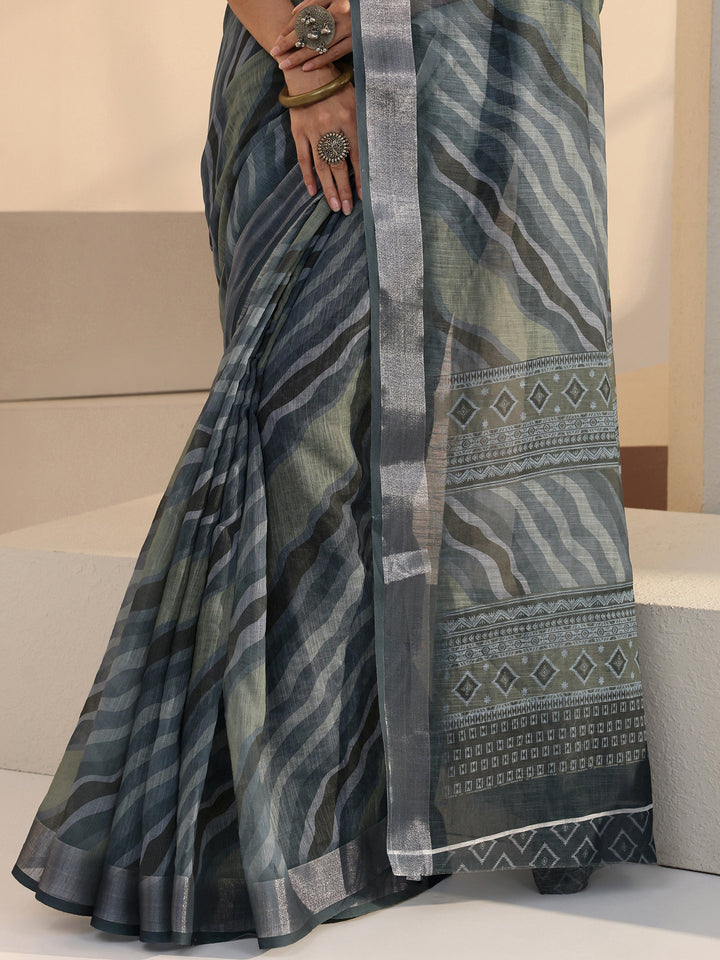Libas Grey Wavy Print Cotton Blend Saree