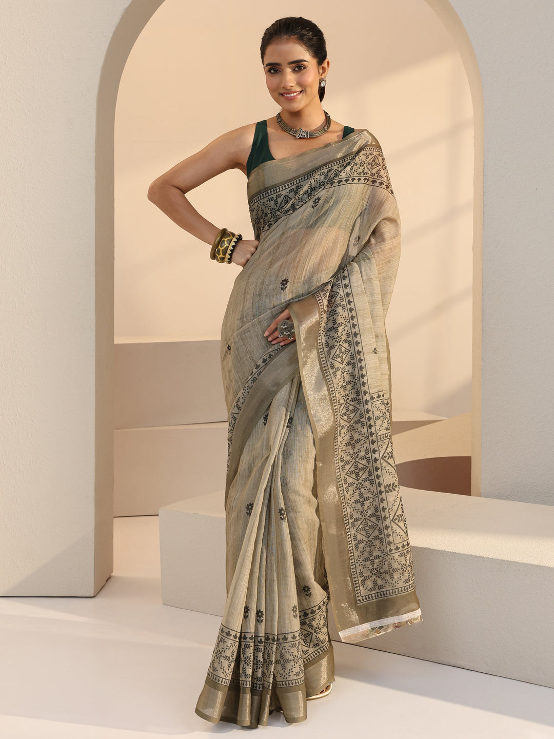 Libas Beige Floral Print Cotton Blend Saree