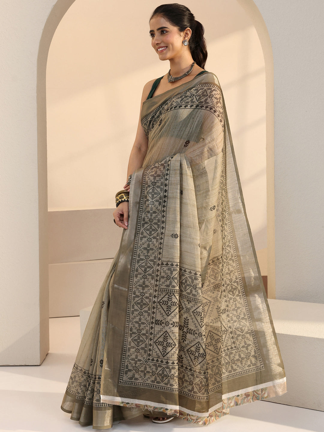 Libas Beige Floral Print Cotton Blend Saree