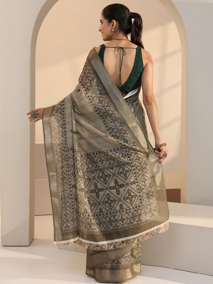 Libas Beige Floral Print Cotton Blend Saree