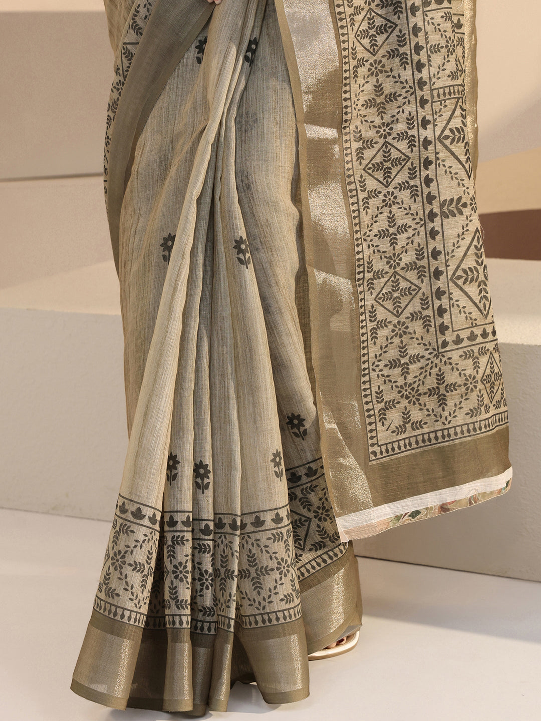 Libas Beige Floral Print Cotton Blend Saree