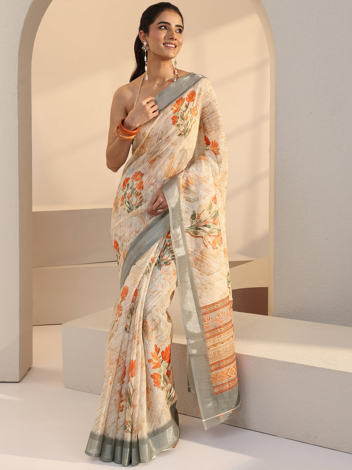 Libas Cream Floral Printed cotton blend Saree