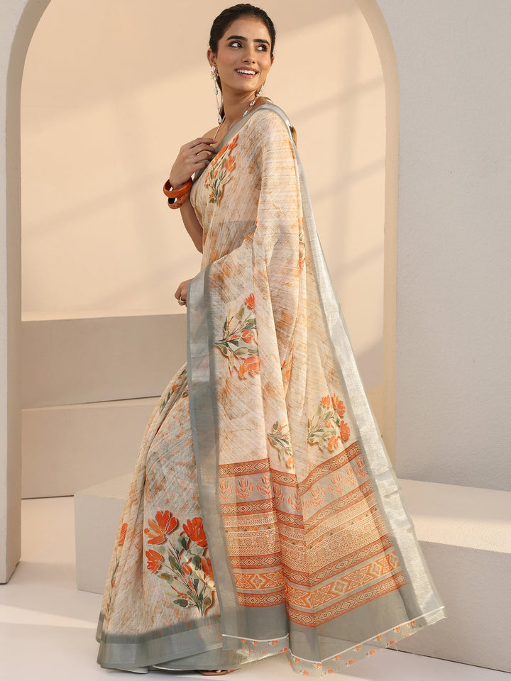 Libas Cream Floral Printed cotton blend Saree