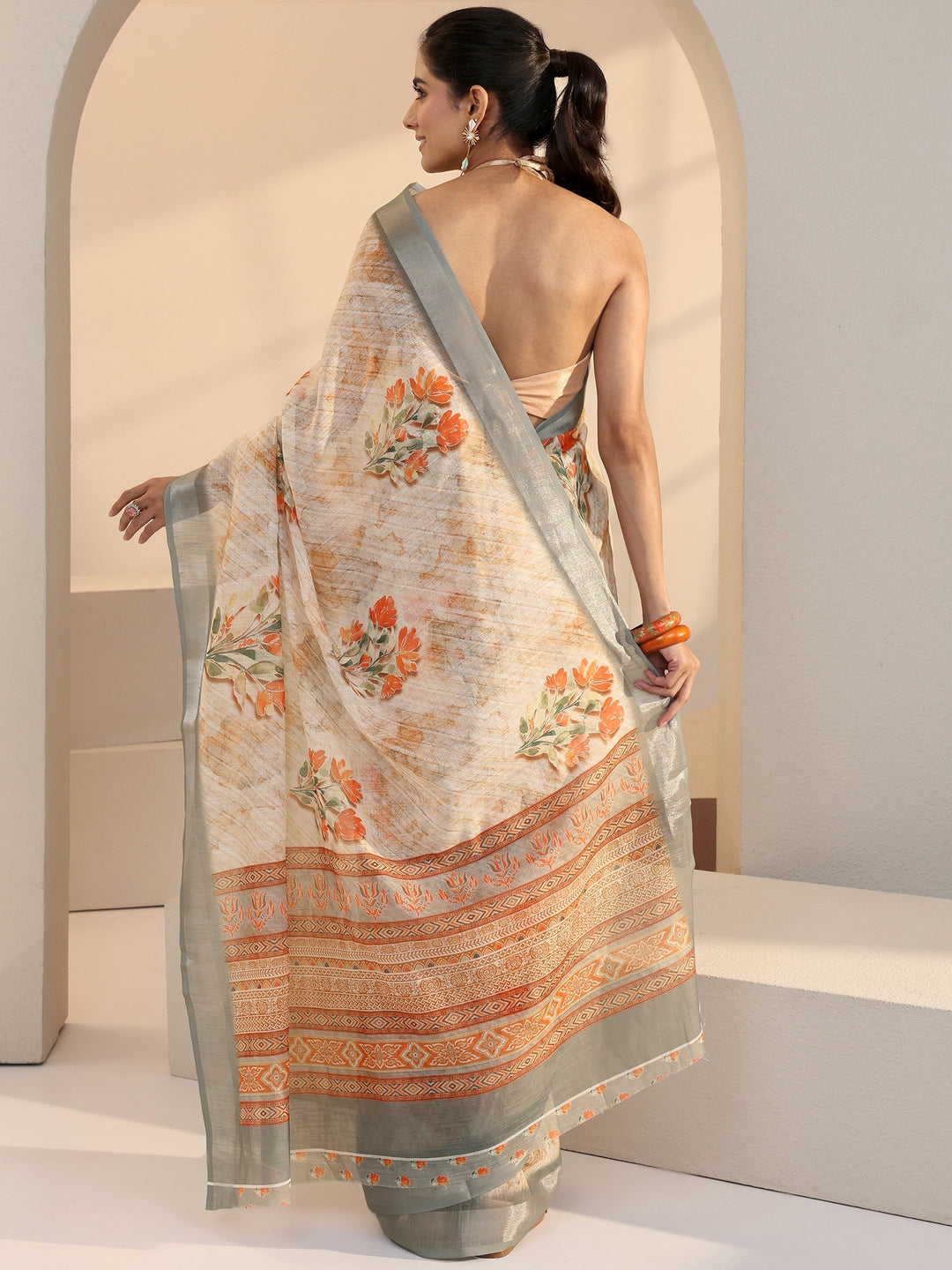 Libas Cream Floral Printed cotton blend Saree