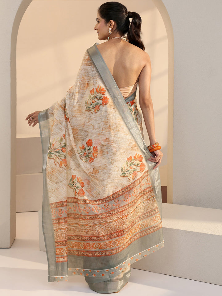 Libas Cream Floral Printed cotton blend Saree