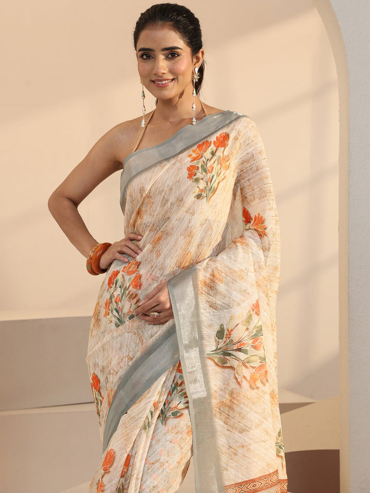 Libas Cream Floral Printed cotton blend Saree