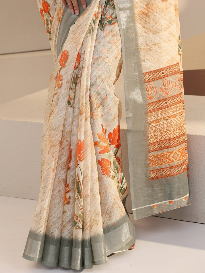Libas Cream Floral Printed cotton blend Saree